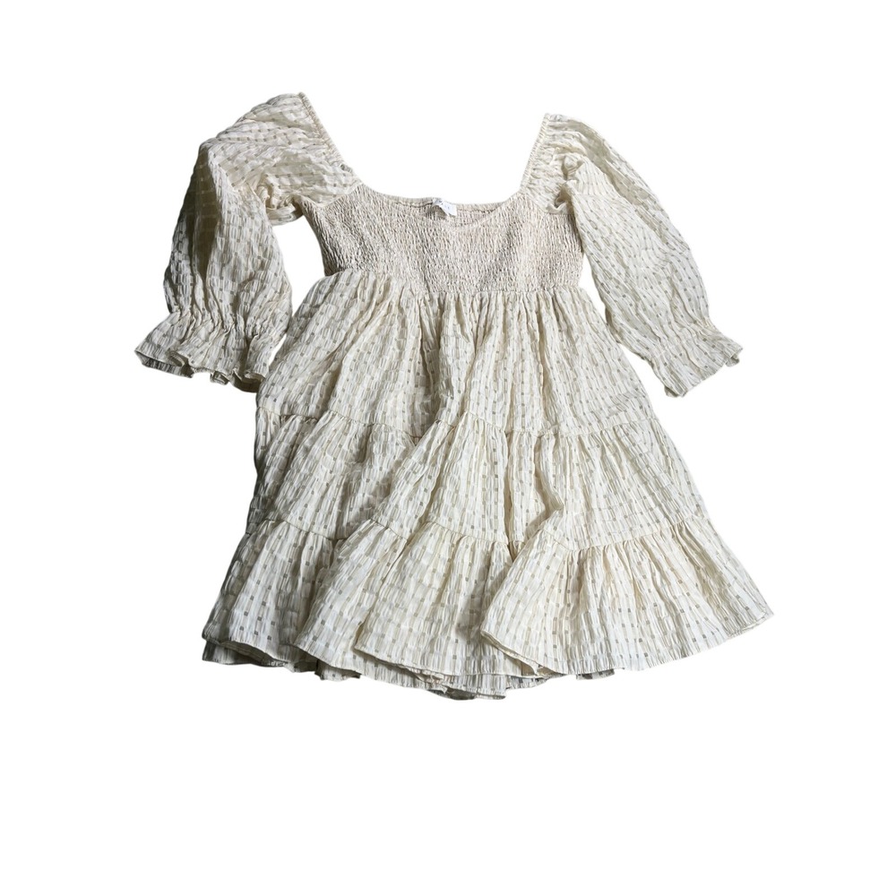 Mable Ivory Smocked Babydoll Dress Large Puff Sleeve Tiered Textured Cottagecore